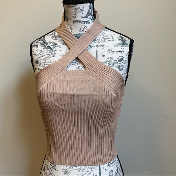 Beige Halter Knitted Crop Top - Picture 2 of 3